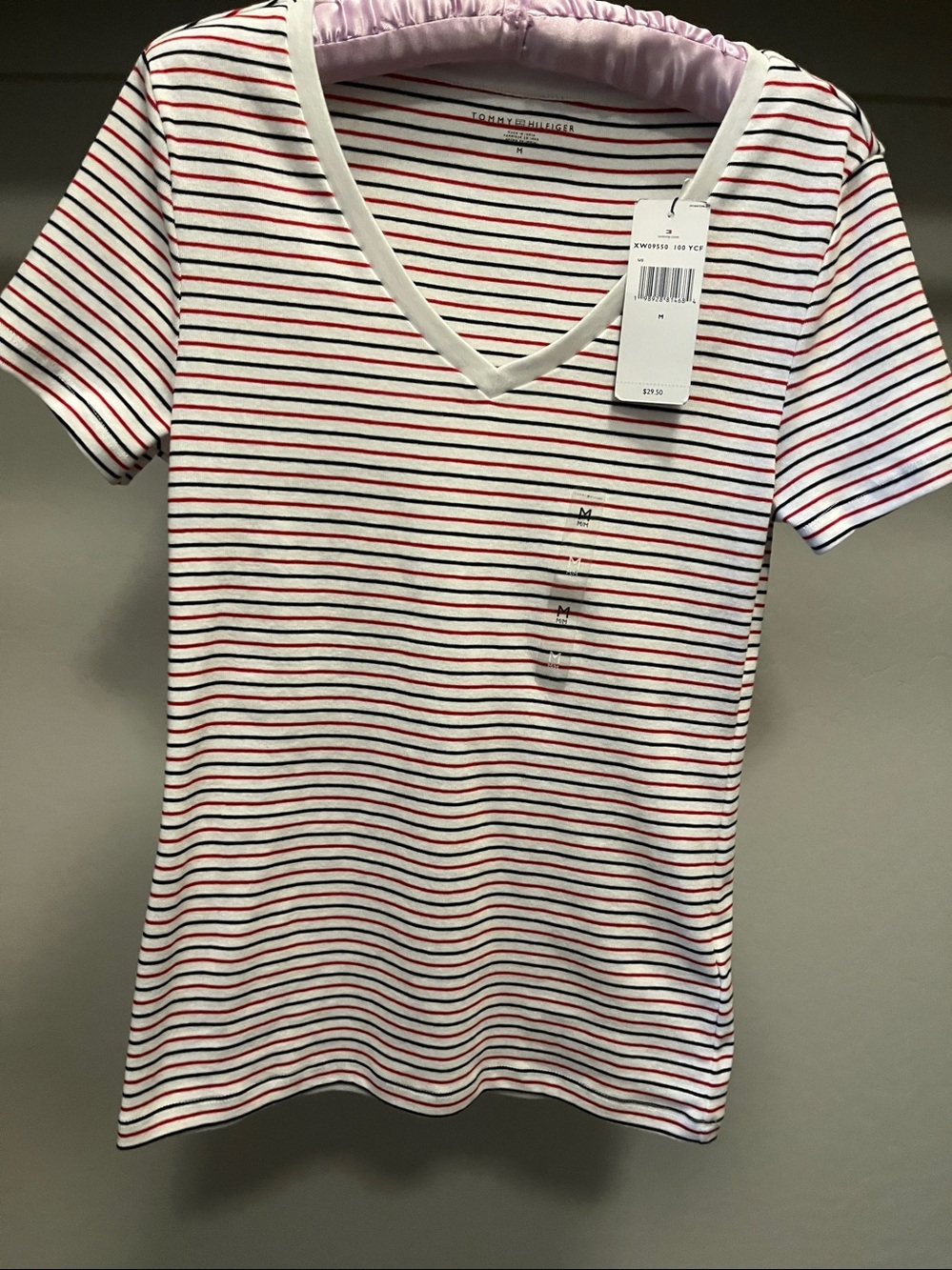 Tommy Hilfiger White V-Neck Tee with Red and Navy Stripe